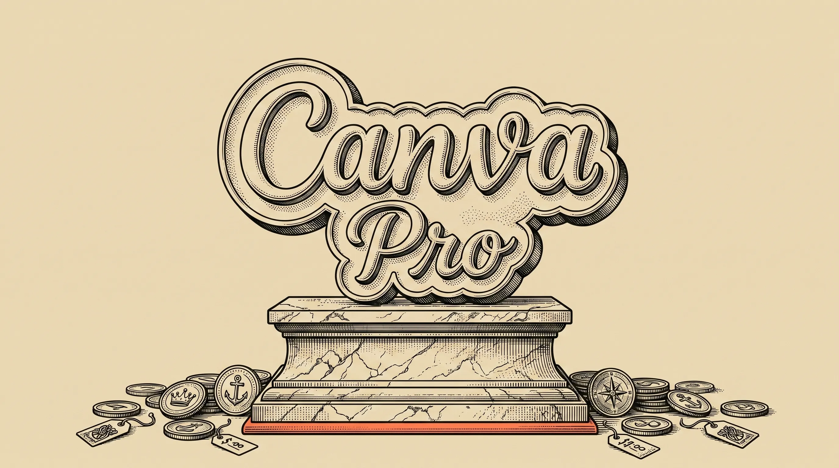 Kaiverrustyylinen kansikuva Canva Pron hinnasta ja alennuksista: Canva-logo jalustalla kolikoiden ympäröimänä.