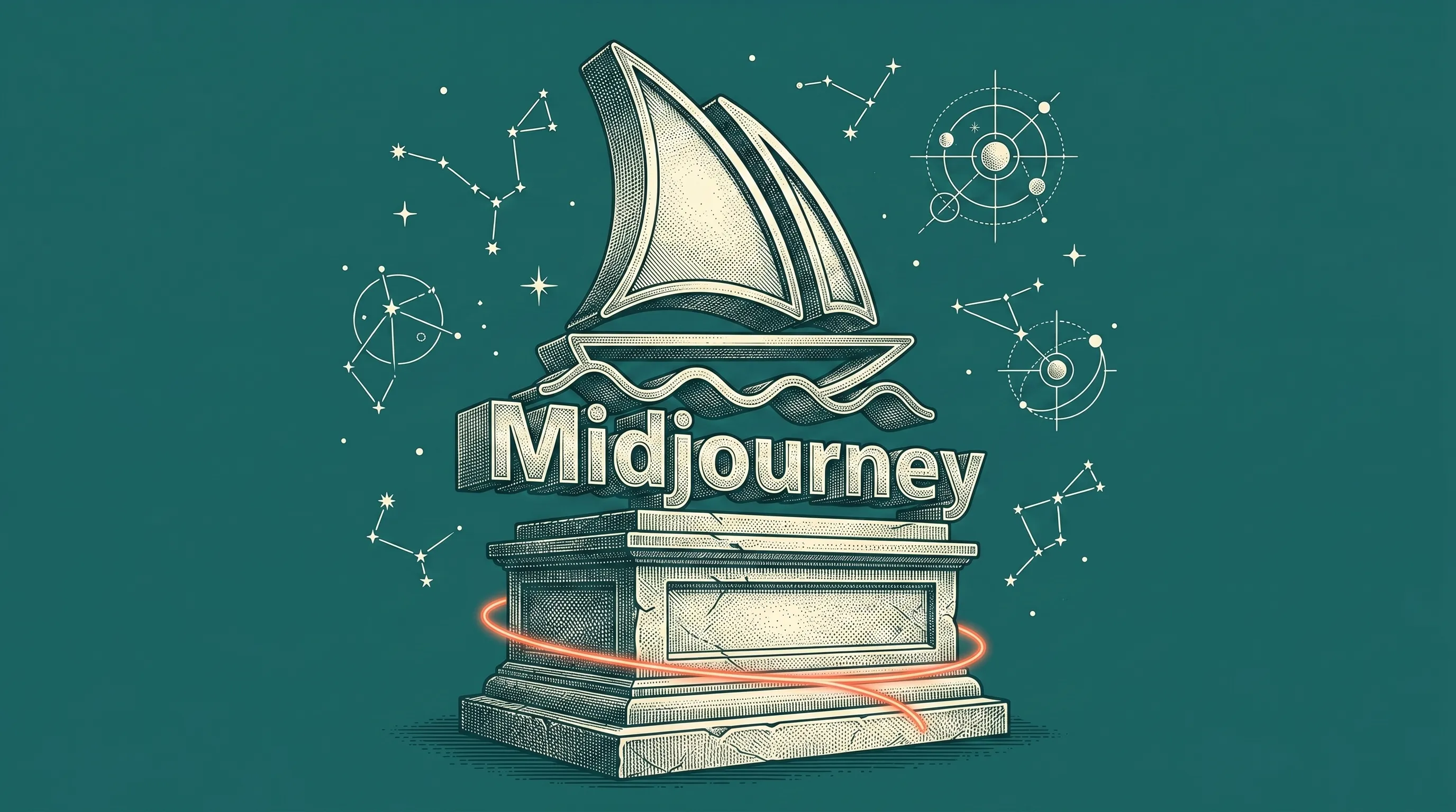 Kaiverrustyylinen kansikuva Midjourney-arvostelusta: Midjourneyn purjevenelogo monumenttina.